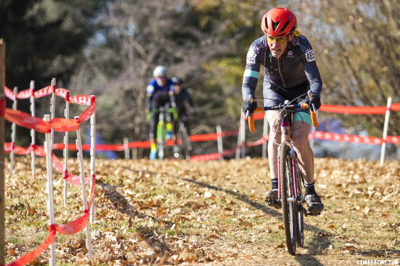 John Elgart drops down a small descent. Masters Men 70+. 2018 Cyclocross National Championships, Louisville, KY. © A. Yee / Cyclocross Magazine