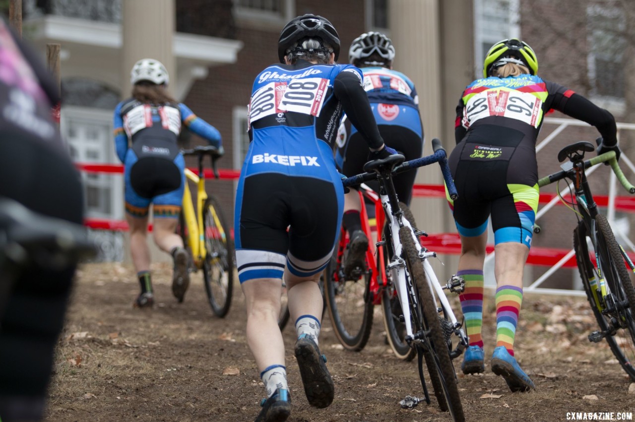Sigmond chases Jennifer Ragan-Marlowe up the limestone stairs. Masters Women 45-49. 2018 Cyclocross National Championships, Louisville, KY. © A. Yee / Cyclocross Magazine