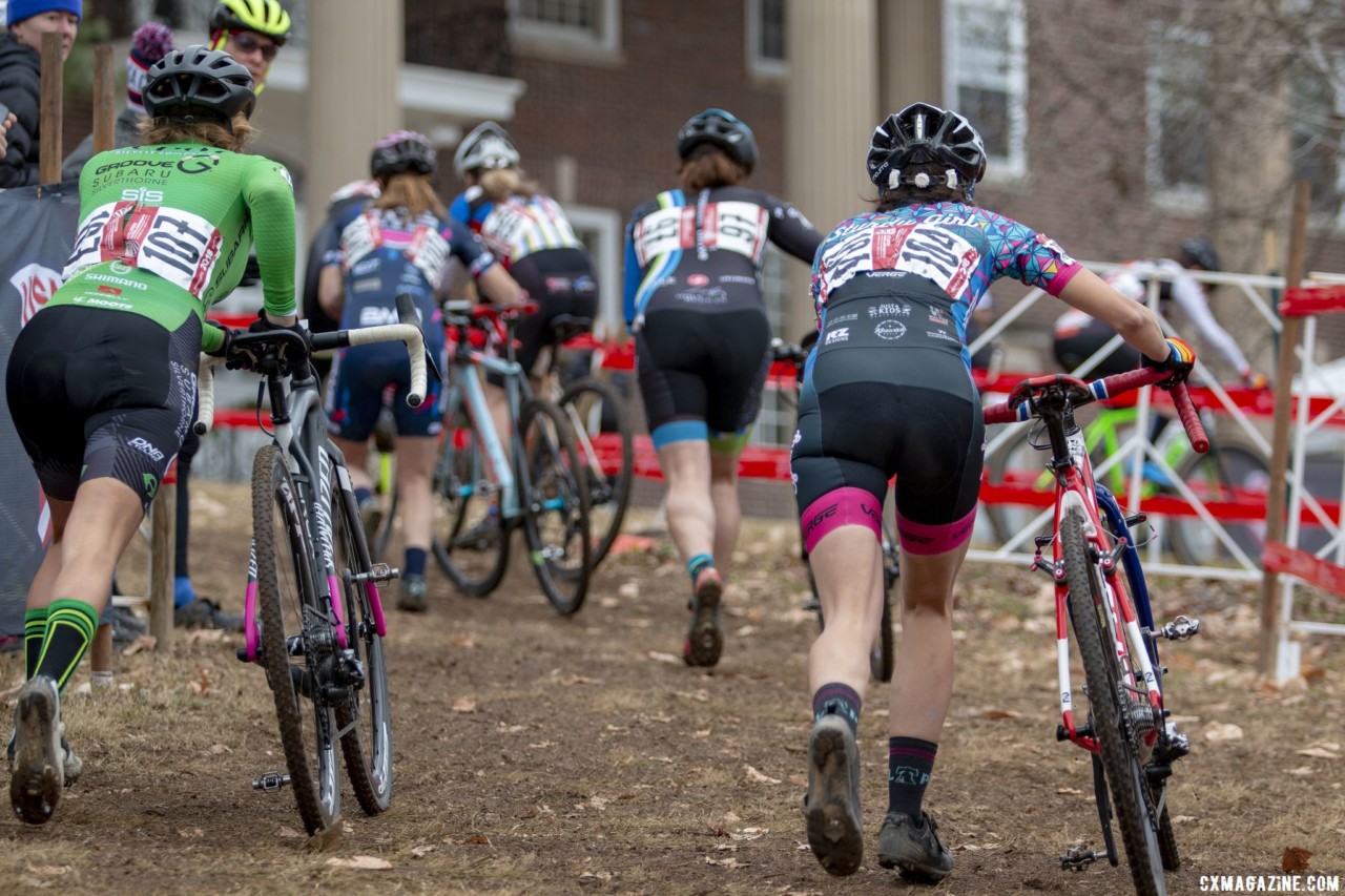 Nearly all riders this week have opted to run the stairs. Masters Women 45-49. 2018 Cyclocross National Championships, Louisville, KY. © A. Yee / Cyclocross Magazine