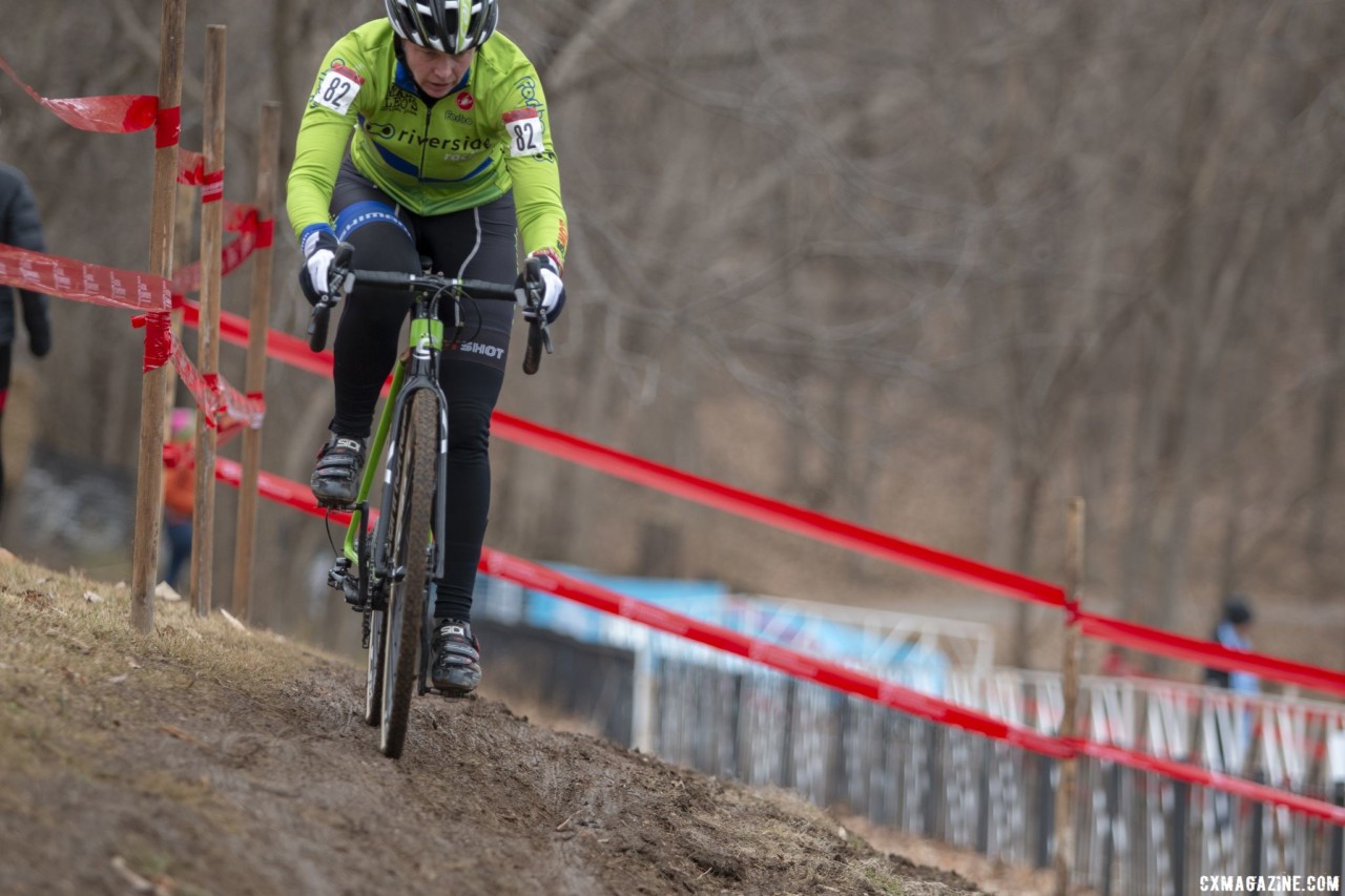 Andrea Cox took the high line on her way to a silver medal position. Masters Women 50-54. 2018 Cyclocross National Championships, Louisville, KY. © A. Yee / Cyclocross Magazine