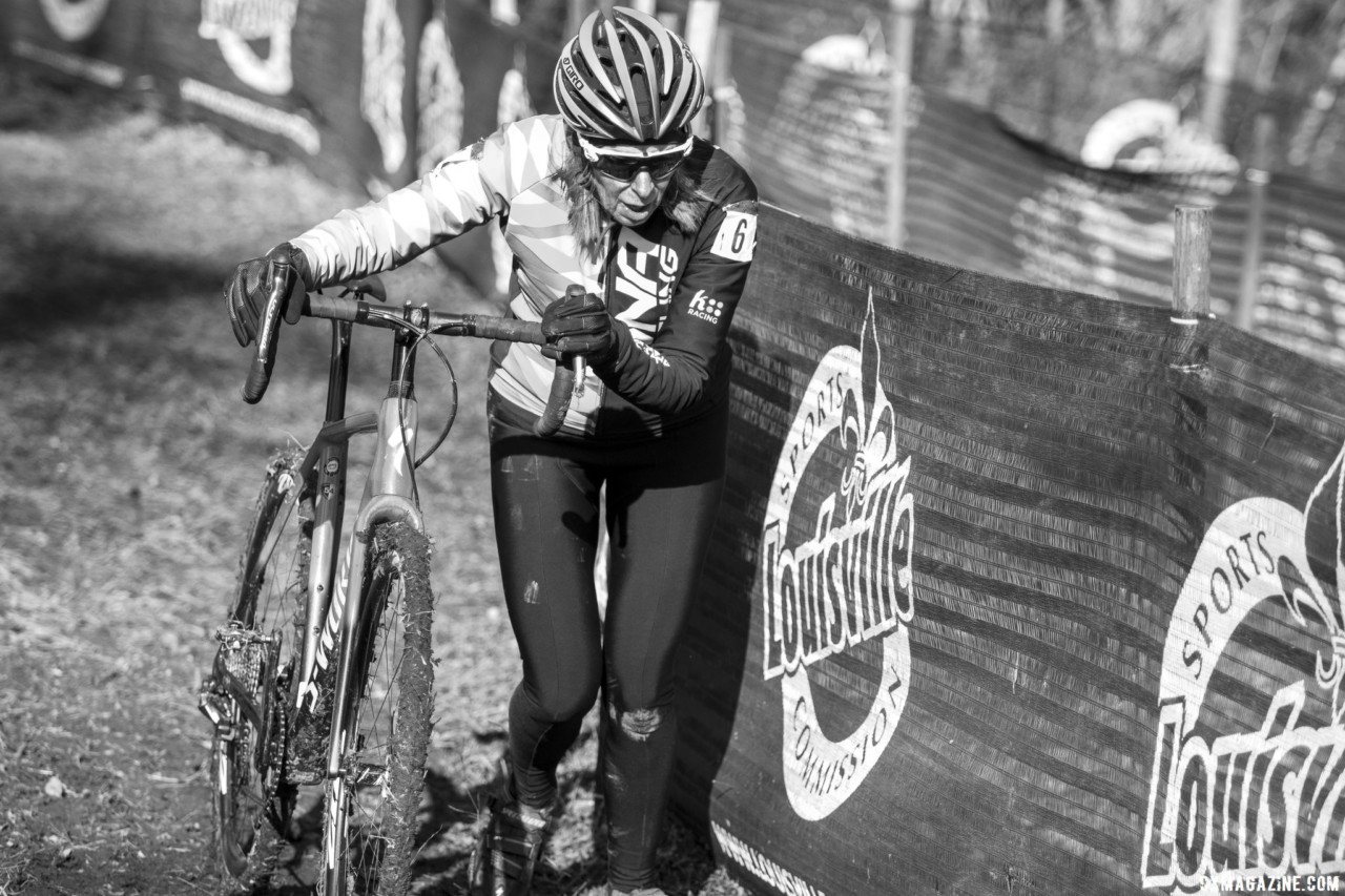 Martha Iverson runs with her bike en route to a Masters 70-74 win. Masters Women 60-64, 65-69, 70-74, 75+. 2018 Cyclocross National Championships, Louisville, KY. © A. Yee / Cyclocross Magazine