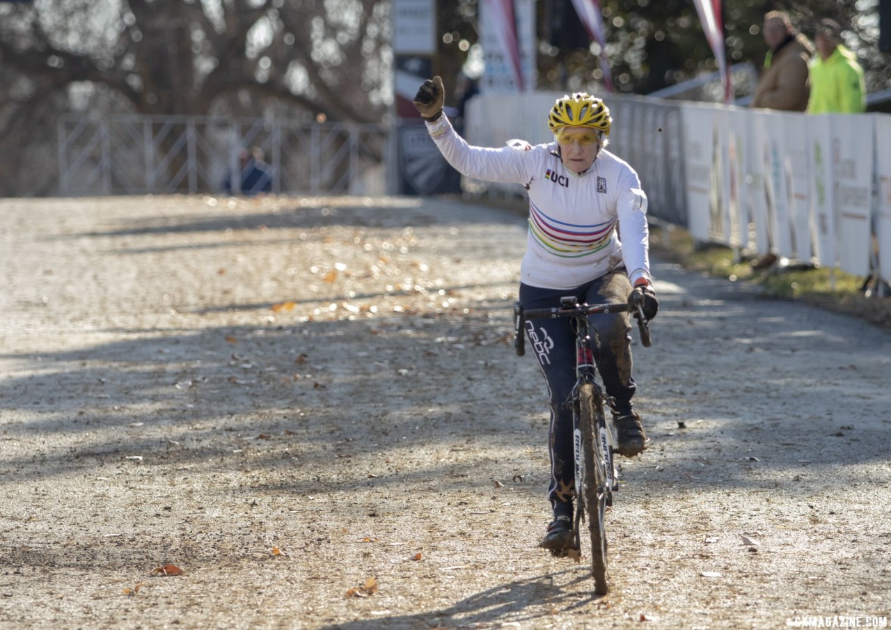 Julie Lockhart celebrates her win. Masters Women 60-64, 65-69, 70-74, 75+. 2018 Cyclocross National Championships, Louisville, KY. © A. Yee / Cyclocross Magazine