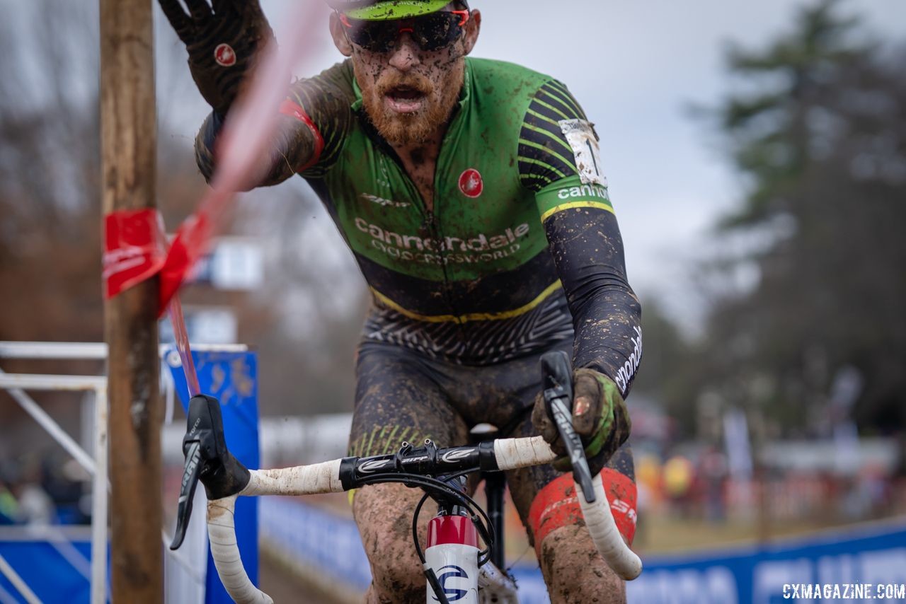 Stephen Hyde works the barriers coming out of the pit. 2018 Louisville Cyclocross Nationals, Saturday and Sunday. © Drew Coleman