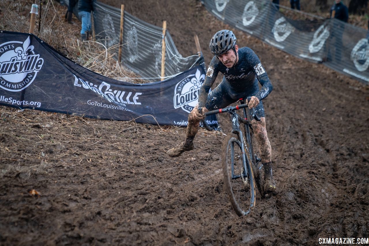 Allen Krughoff tries to keep his balance at the bottom of the steep descent. 2018 Louisville Cyclocross Nationals, Saturday and Sunday. © Drew Coleman