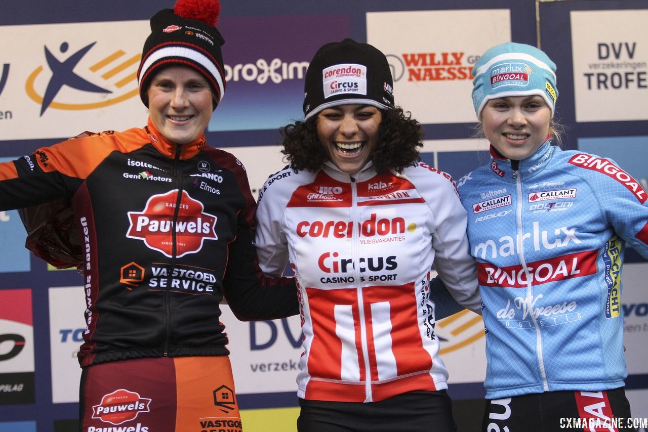 Elite Women's podium: Ceylin del Carmen Alvarado, Loes Sels and Laura Verdonschot. 2019 Brussels Universities Cyclocross. © B. Hazen / Cyclocross Magazine