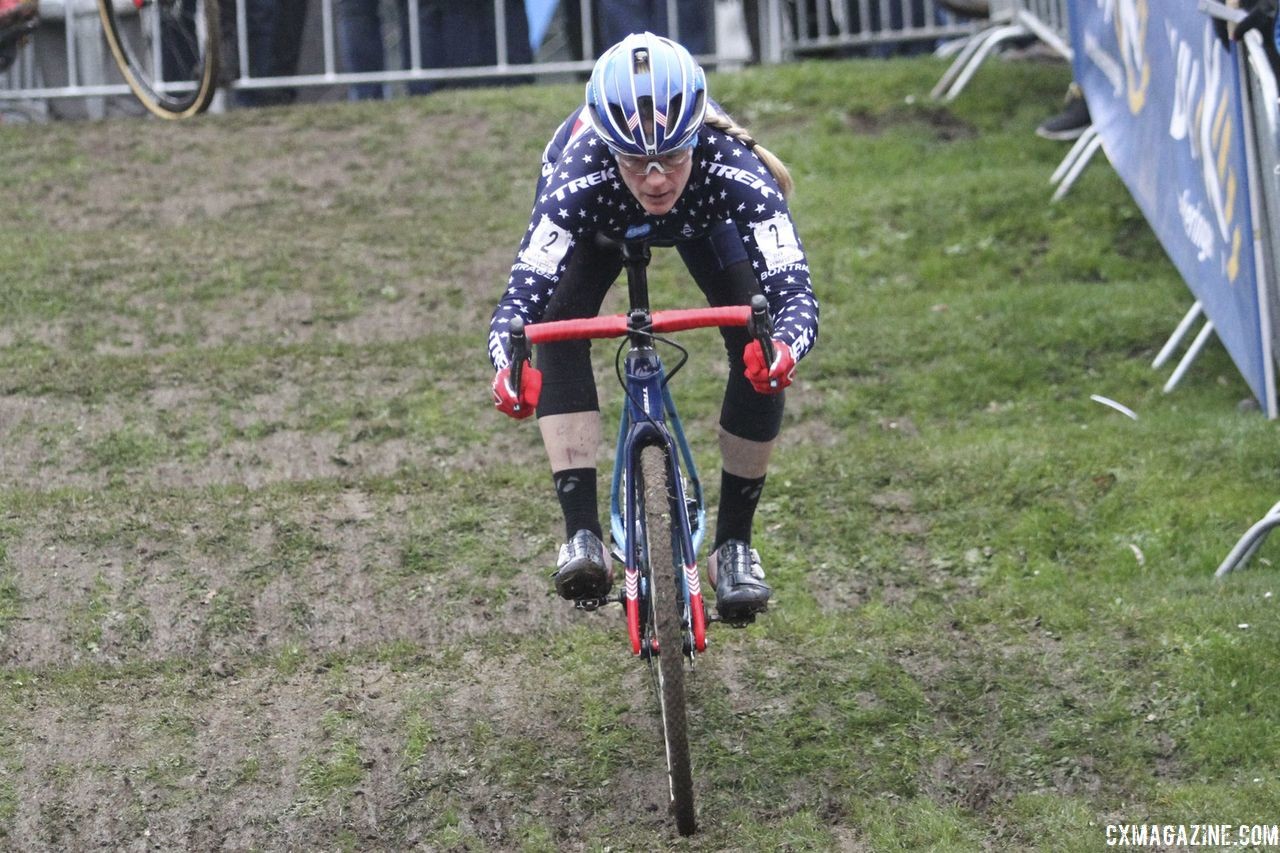 Katie Compton keeps her weight back on a roller descent. She finished the race in fourth. 2019 Brussels Universities Cyclocross. © B. Hazen / Cyclocross Magazine