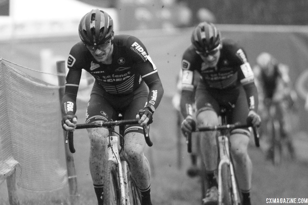 Corne van Kessel and Toon Aerts lead the chase of Van der Poel early in the race. 2019 Brussels Universities Cyclocross. © B. Hazen / Cyclocross Magazine