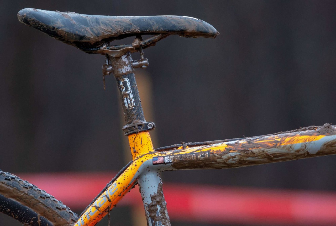 Frazier's Q2 carbon seatpost has no setback to the seat clamp and features titanium hardware. George Frazier's Junior Men 11-12 winning bike. 2018 Cyclocross National Championships V2. Louisville, KY. © Cyclocross Magazine