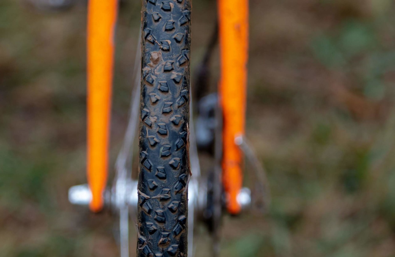 The outgoing Terra used aggressive shoulder knobs and a wide spaced center ridge to clear mud effectively. George Frazier's Junior Men 11-12 winning bike. 2018 Cyclocross National Championships V2. Louisville, KY. © Cyclocross Magazine
