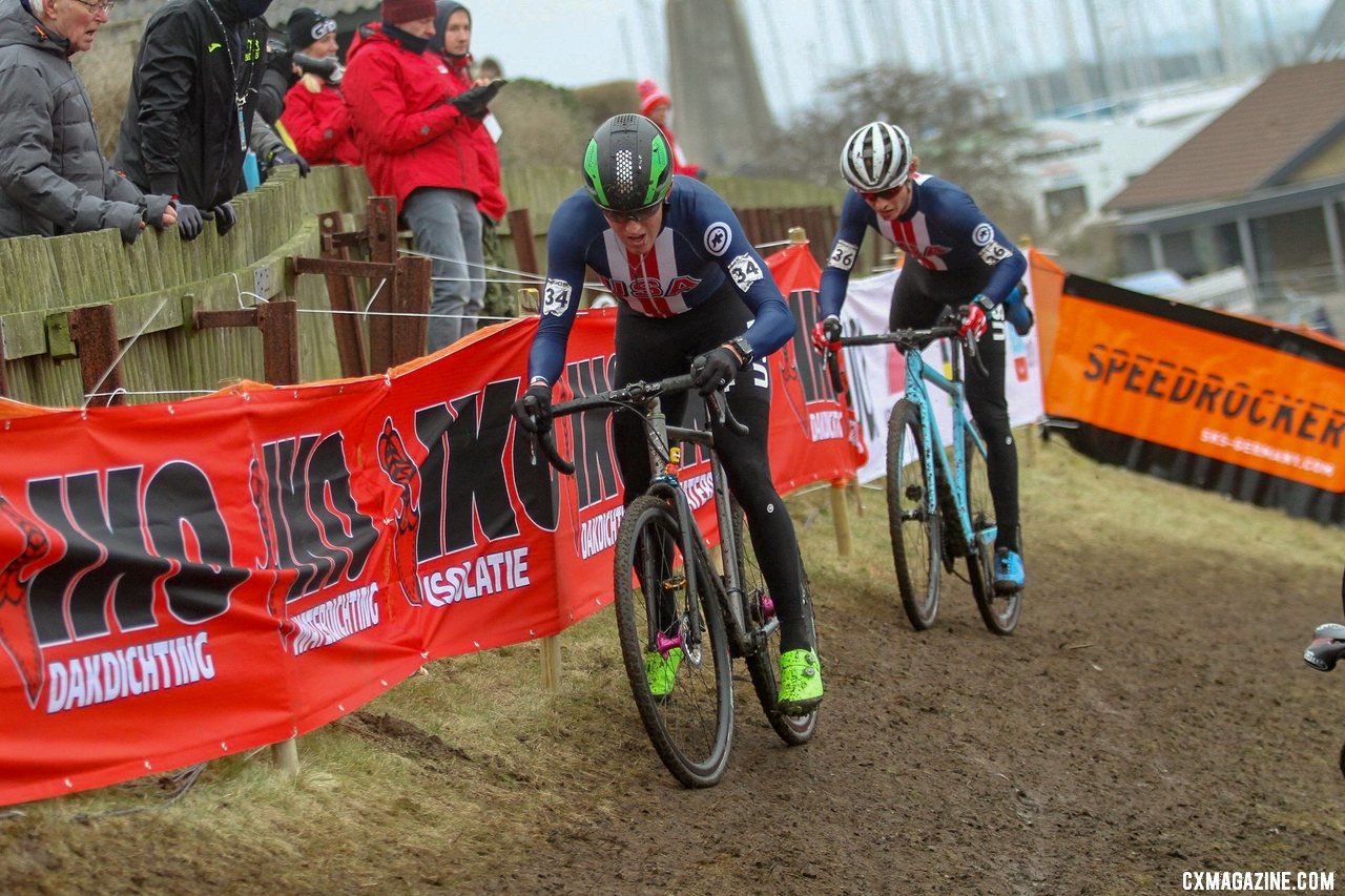 Gage Hecht and Lance Haidet stayed together early in the race. U23 Men, 2019 Cyclocross World Championships, Bogense, Denmark. © B. Hazen / Cyclocross Magazine