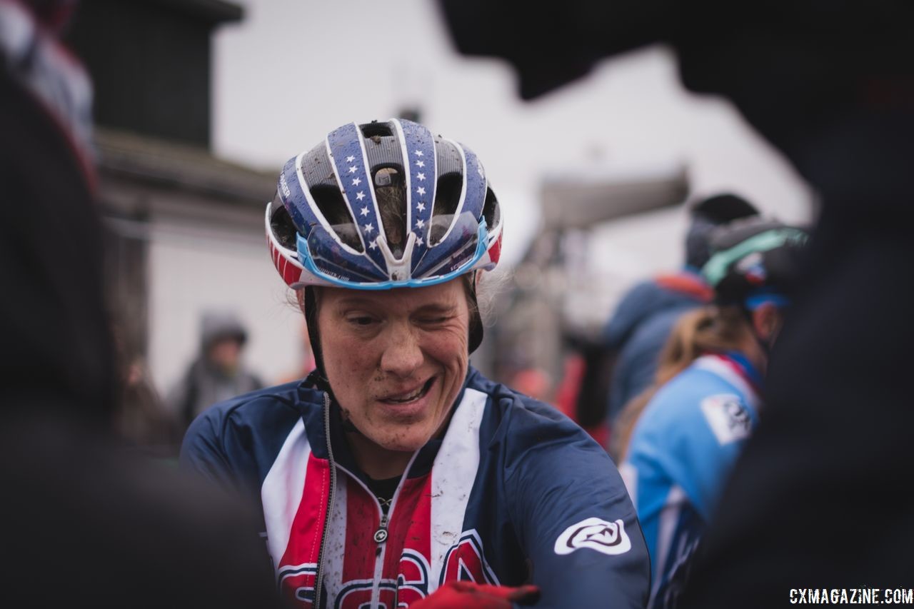 Katie Compton after her tough day at Worlds. 2019 Bogense Cyclocross World Championships, Denmark. © Patrick Means / Cyclocross Magazine