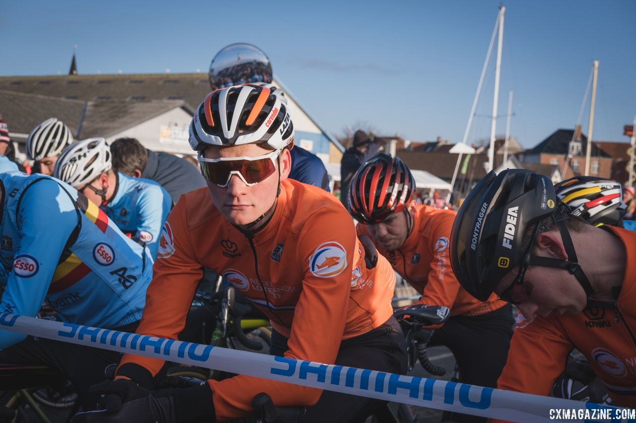 Mathieu van der Poel waits at the start before his rainbow ride. 2019 Bogense Cyclocross World Championships, Denmark. © Patrick Means / Cyclocross Magazine