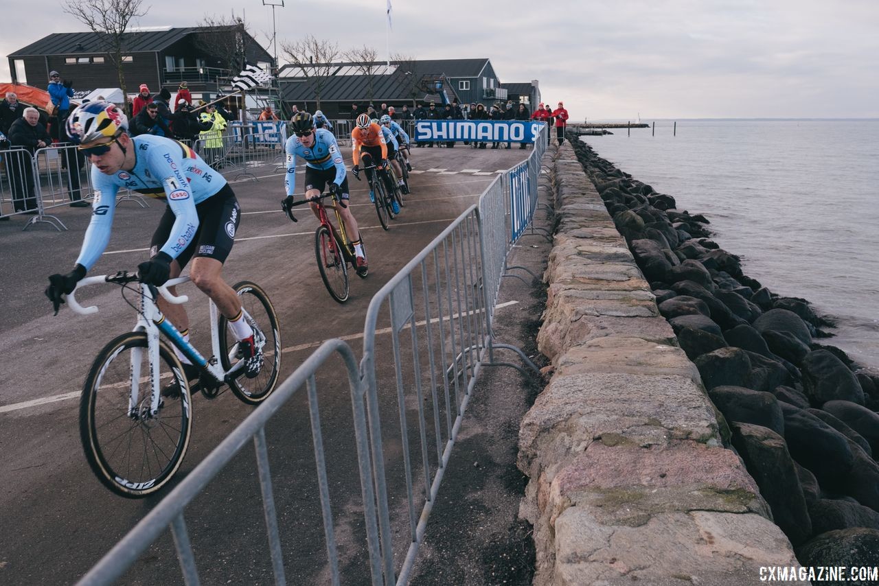 Wout van Aert leads the way early in Sunday's race. 2019 Bogense Cyclocross World Championships, Denmark. © Patrick Means / Cyclocross Magazine