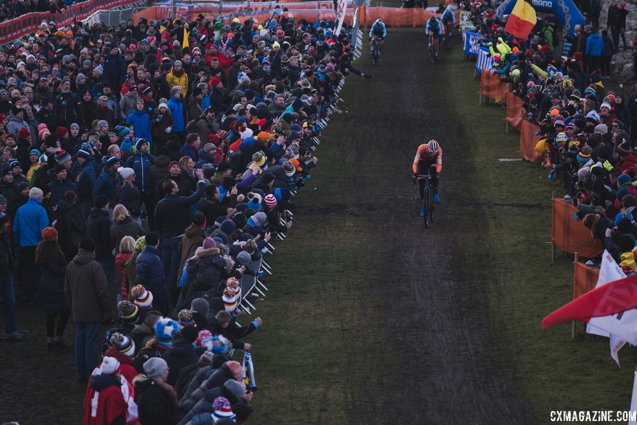 Mathieu van der Poel leads three Belgians after getting a gap thanks to Toon Aerts' off-camber bobble. 2019 Bogense Cyclocross World Championships, Denmark. © Patrick Means / Cyclocross Magazine