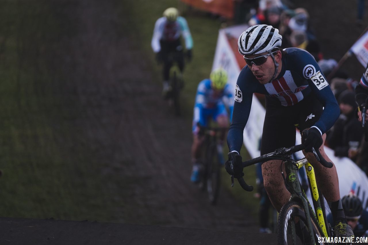 Curtis White rode with a group in the second half of Sunday's race and finished 21st. 2019 Bogense Cyclocross World Championships, Denmark. © Patrick Means / Cyclocross Magazine