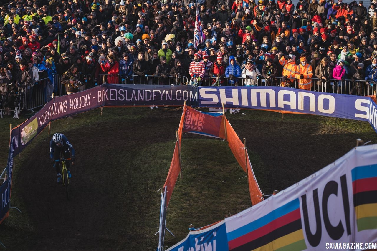 Kerry Werner rounds the corner toward another steep climb. 2019 Bogense Cyclocross World Championships, Denmark. © Patrick Means / Cyclocross Magazine