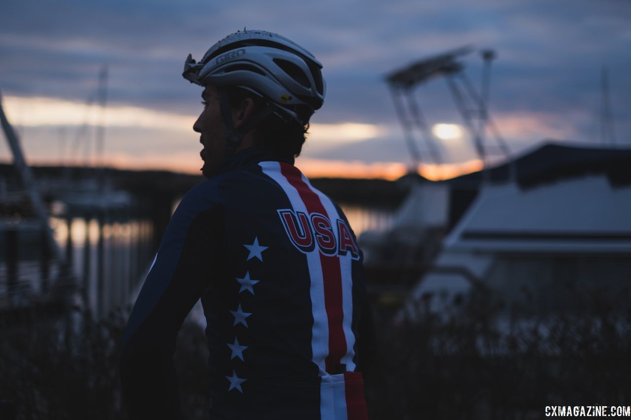 Curtis White takes a moment after finishing 21st in the Elite Men's race. 2019 Bogense Cyclocross World Championships, Denmark. © Patrick Means / Cyclocross Magazine