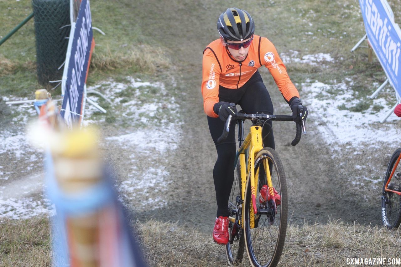 Lars van der Haar powers up one of the steep inclines. 2019 Bogense World Championships Course Inspection, Friday Morning. © Z. Schuster / Cyclocross Magazine