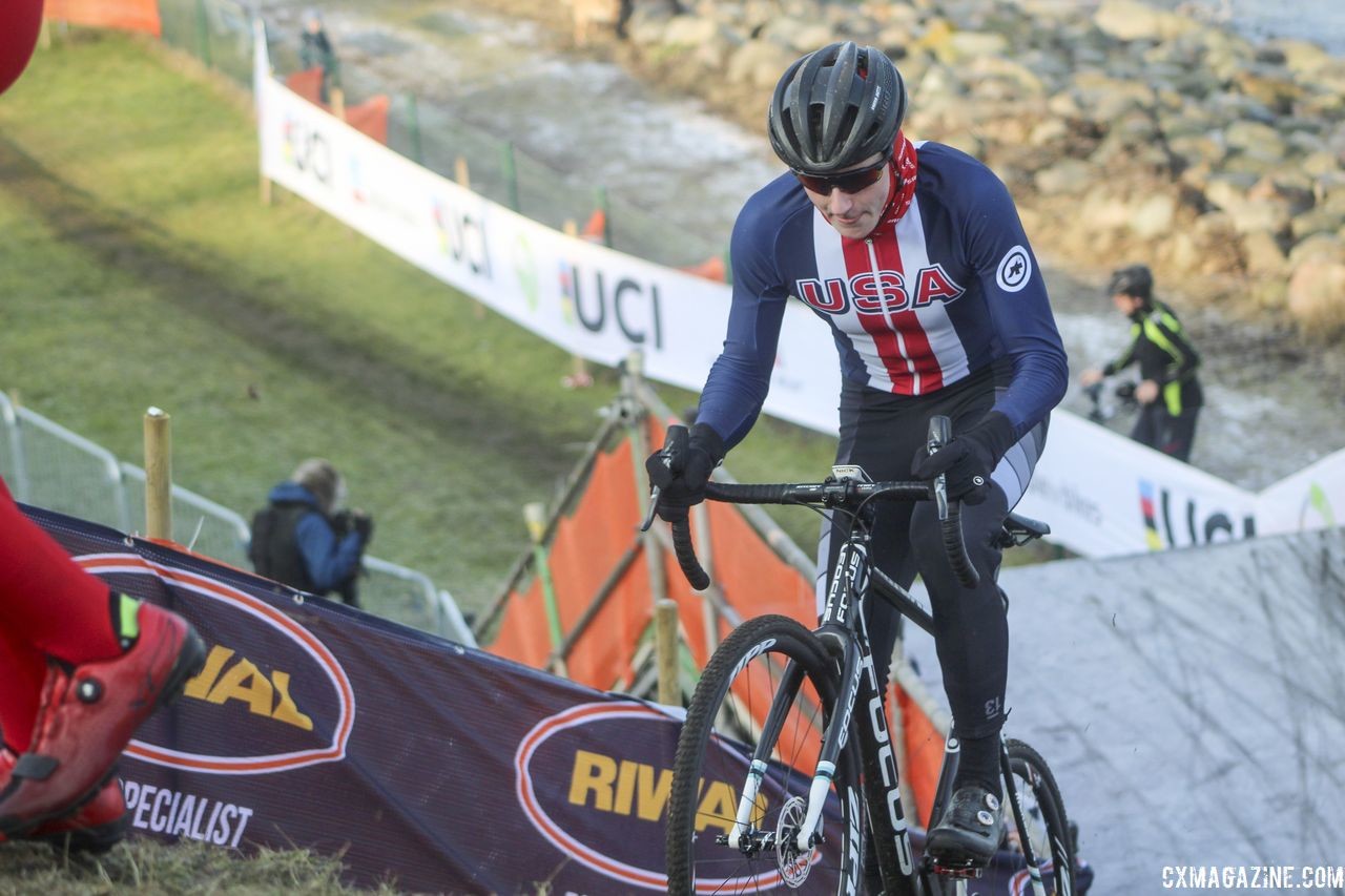 Nick Carter does his best to power up the first incline on the embankment. 2019 Bogense World Championships Course Inspection, Friday Morning. © Z. Schuster / Cyclocross Magazine