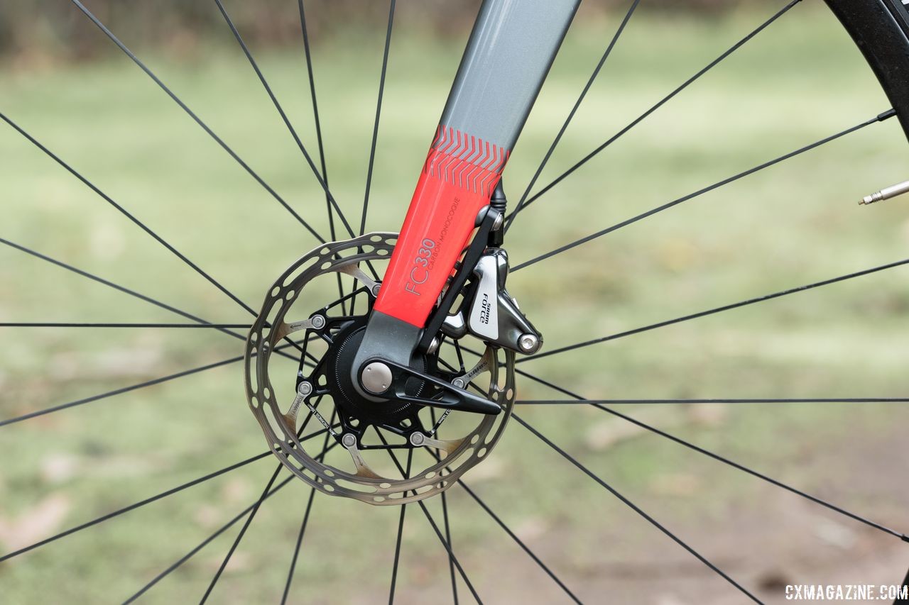 The carbon fork has flat mount calipers and 140mm rotors. Fuji Altamira CX 1.1 carbon cyclocross bike. © C. Lee / Cyclocross Magazine