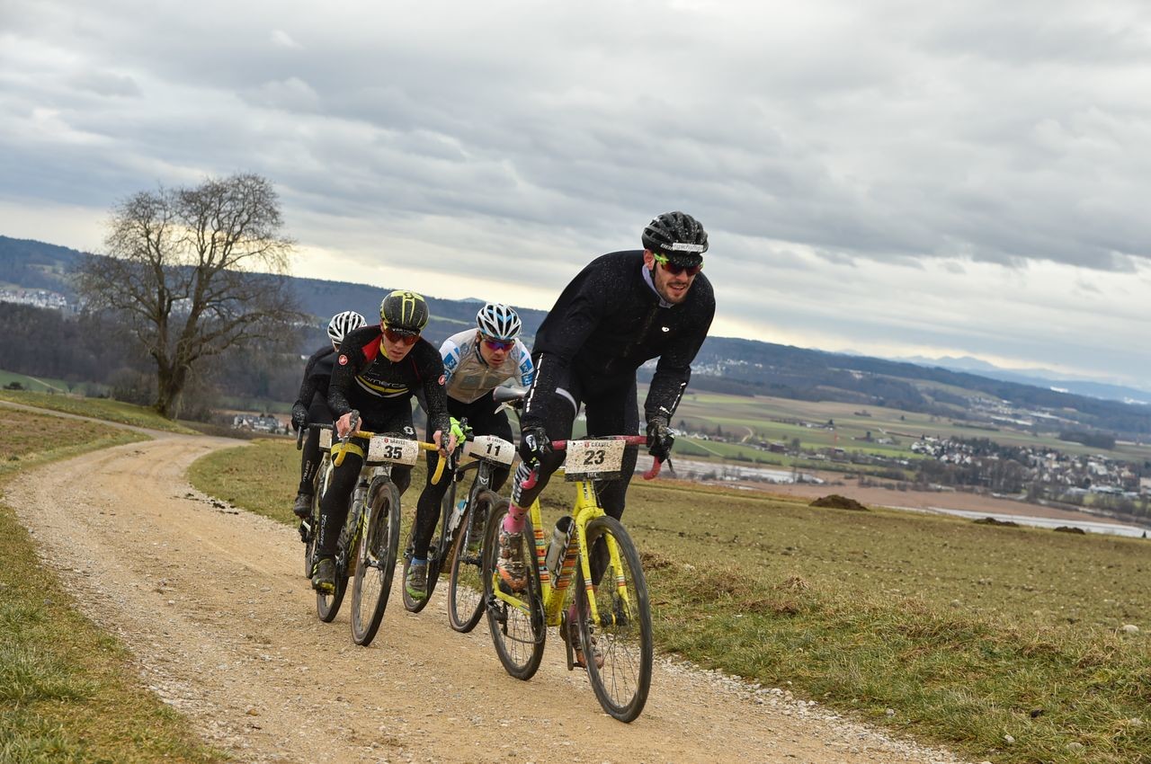 Different groups of riders formed during each stage of the race. 2019 Tortour Winter Gravel Stage Race, Switzerland. © alphafoto.com
