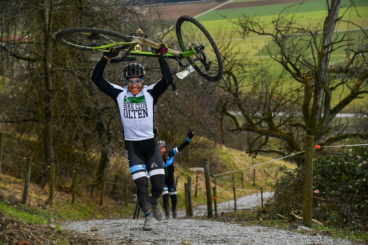 The race started as a cyclocross race, and some running remains in the Gravel Winter event. 2019 Tortour Winter Gravel Stage Race, Switzerland. © alphafoto.com