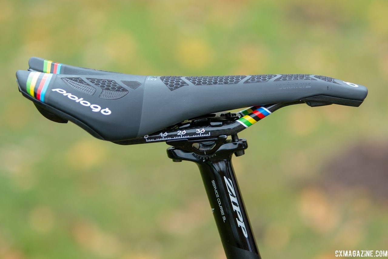Van Aert used a Prologo Scratch 2 saddle with some added stripes this season. At Gavere, he had a zero-setback Service Course SL seatpost.  Wout van Aert's Stevens Super Prestige cyclocross bike. © A. Yee / Cyclocross Magazine