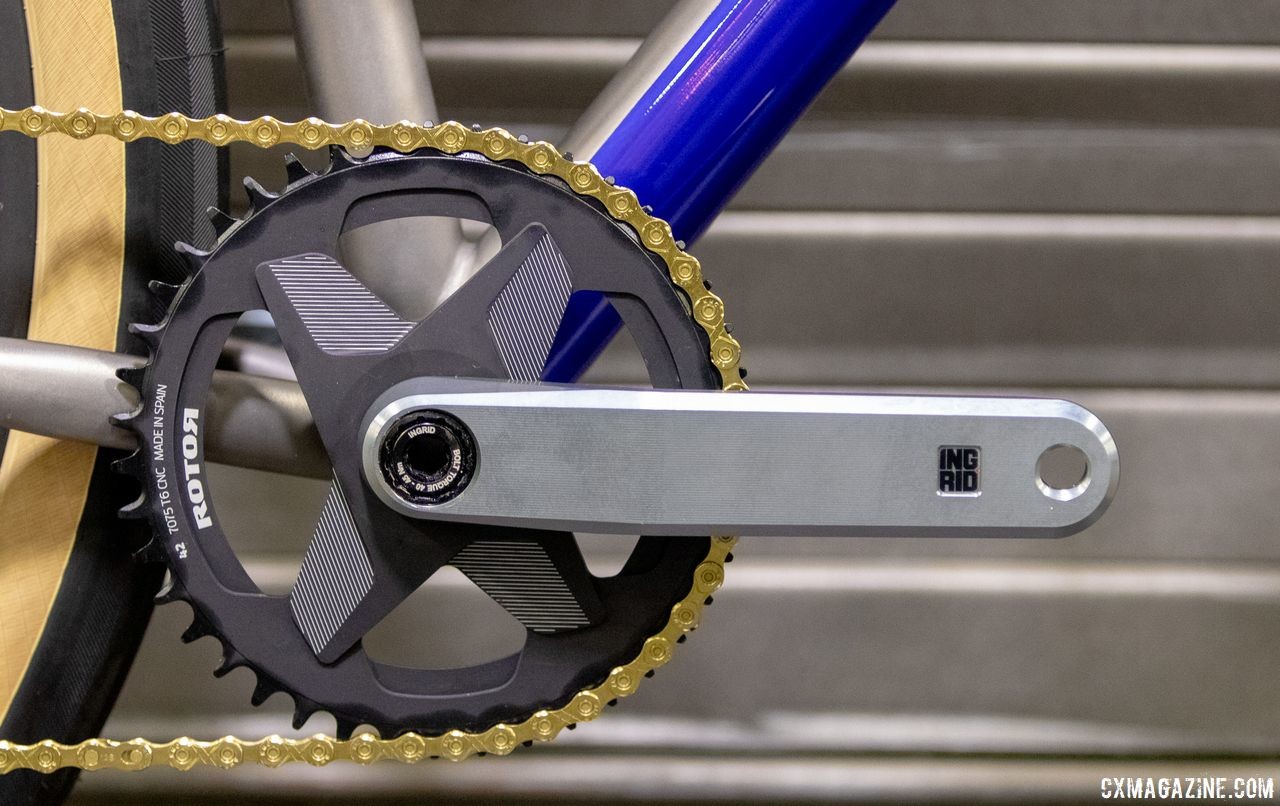 The Ingrid crankset paired to a Rotor ring certainly was eye-catching. TRed Muur titanium monster cross / gravel bike. 2019 NAHBS Sacramento. © A. Yee / Cyclocross Magazine