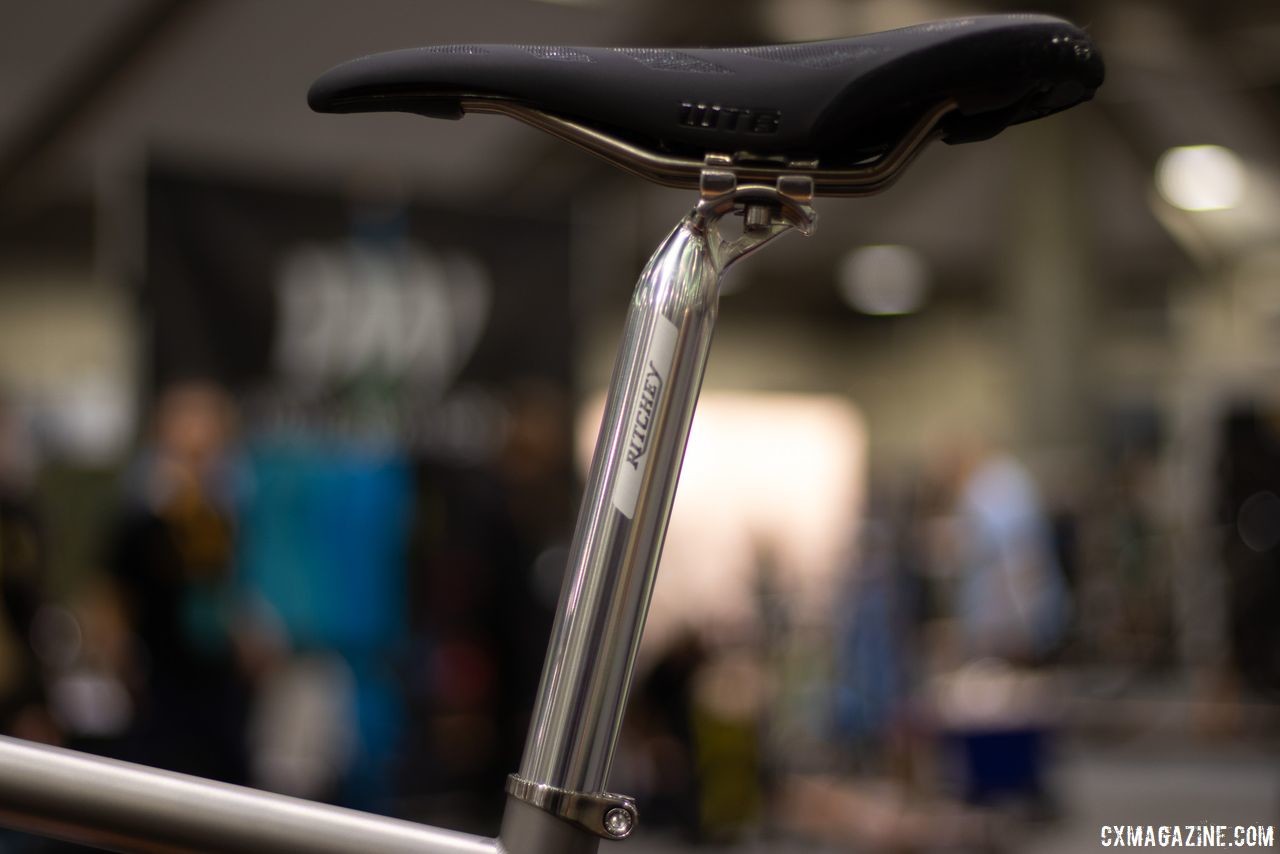 Ritchey supplied matching parts for the silver titanium frame. A titanium Engima Escape with polished Campagnolo components made for James Huang. 2019 NAHBS Sacramento. © A. Yee / Cyclocross Magazine