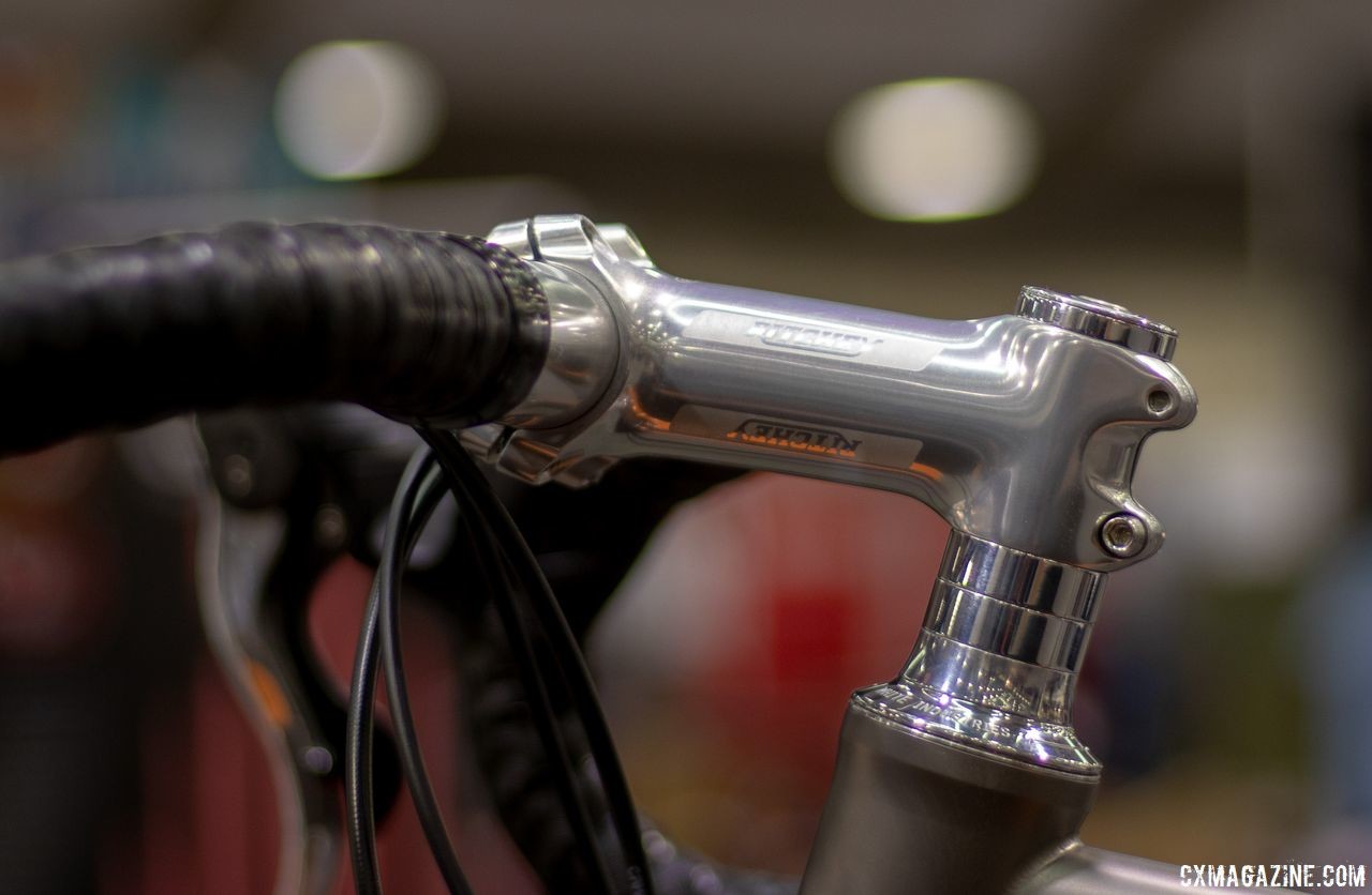 A polished Ritchey stem matches the titanium frame. A titanium Engima Escape with polished Campagnolo components made for James Huang. 2019 NAHBS Sacramento. © A. Yee / Cyclocross Magazine