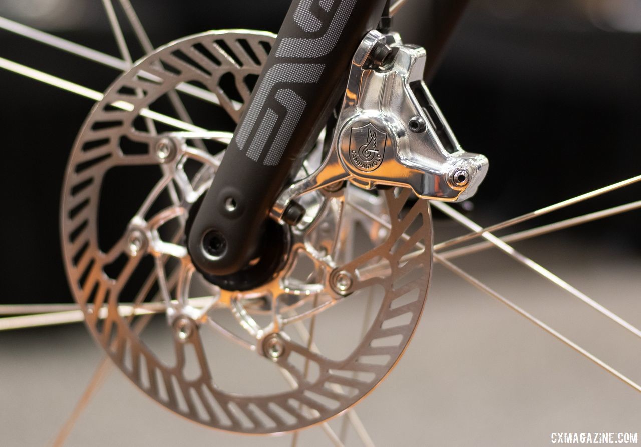 The Ti bike has a carbon ENVE fork and disc brakes. A titanium Engima Escape with polished Campagnolo components made for James Huang. 2019 NAHBS Sacramento. © A. Yee / Cyclocross Magazine