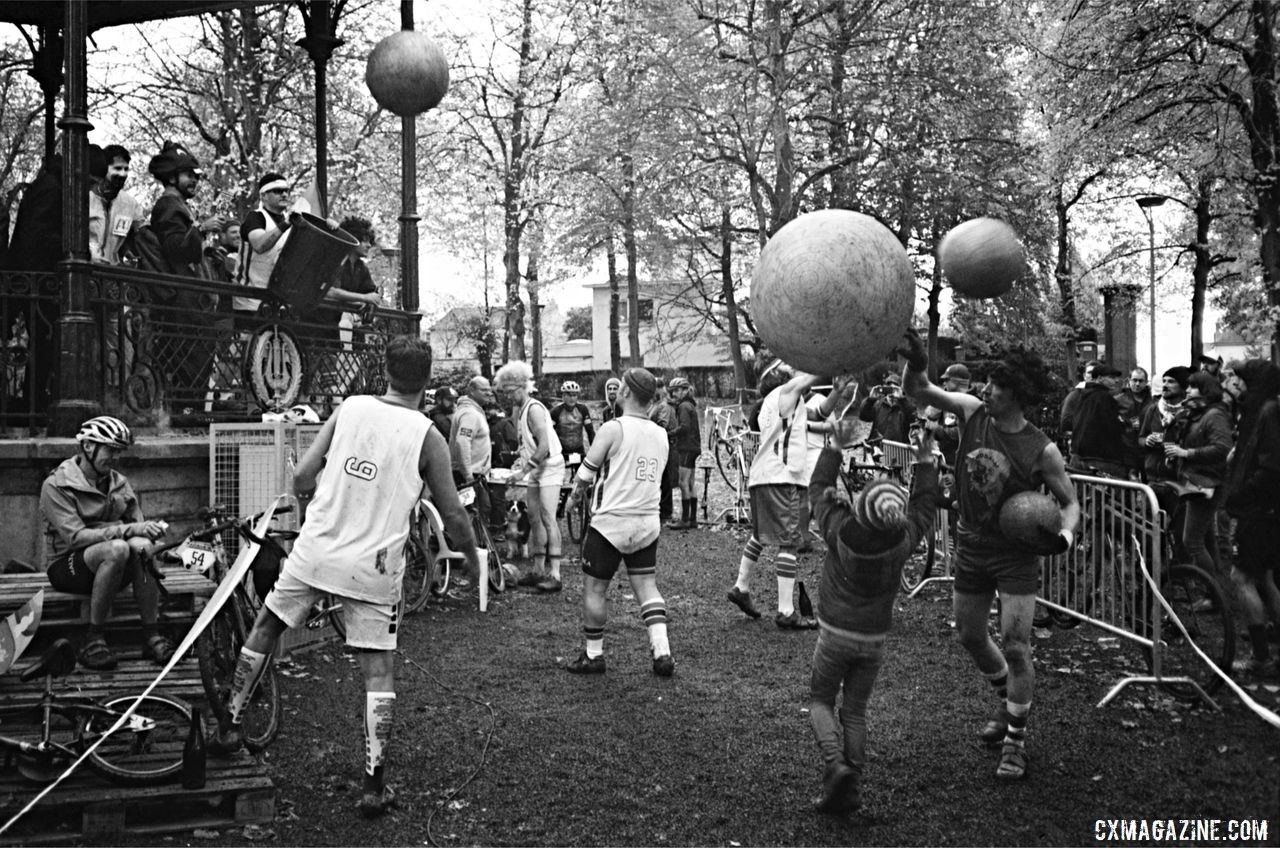 The yoga balls allowed for extracurricular activity during the festivities. 2018 Single Speed Cyclocross World Championships, Tournai, Belgium. © Anders Bendixen