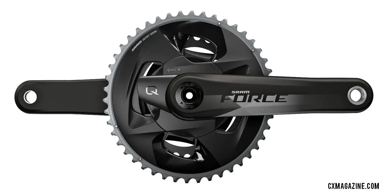 The SRAM Force eTap AXS crankset comes in 2x, 1x, and spiderbased