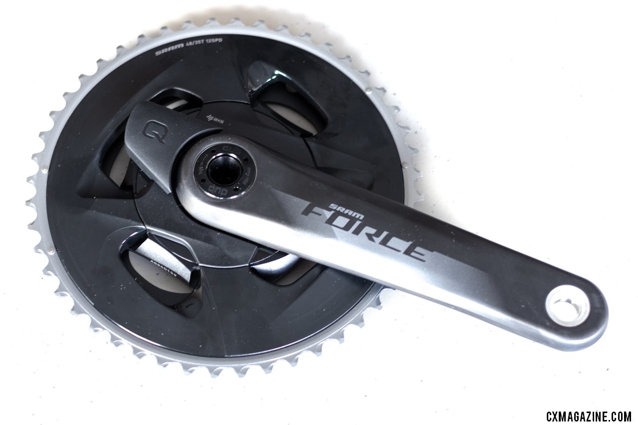 SRAM's new Force eTap AXS crankset swaps Red's one-piece double ring for separate rings. All power meters are spider based, unlike Red's power meter built into the dual chainrings. © A. Yee / Cyclocross Magazine