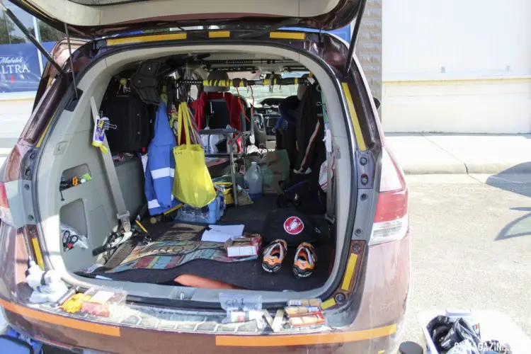 Dan Szokarski's van was loaded with extra gear to support Kae Takeshita. 2019 Dirty Kanza 200, Panaracer / Factor p/b Bicycle X-Change Checkpoint 1. © Z. Schuster / Cyclocross Magazine