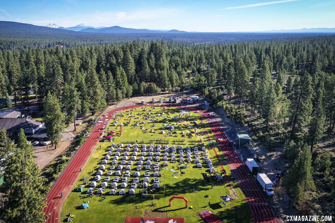A football field provided the last night's lodging. 2019 Oregon Trail Gravel Grinder. © Adam Lapierre