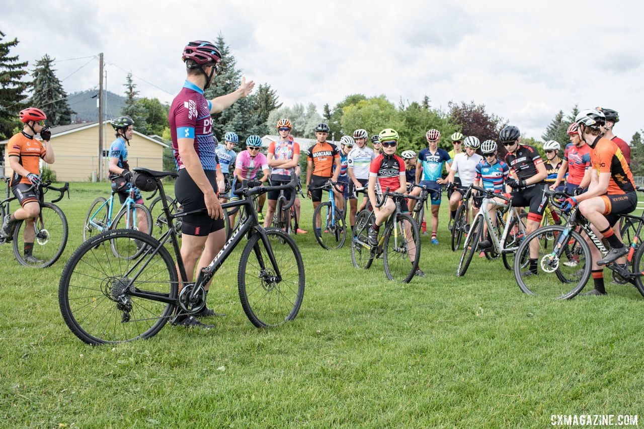 Coach Tobin Ortenblad gives campers instruction on the next drill. 2019 Men's Montana Cross Camp. © Tom Robertson