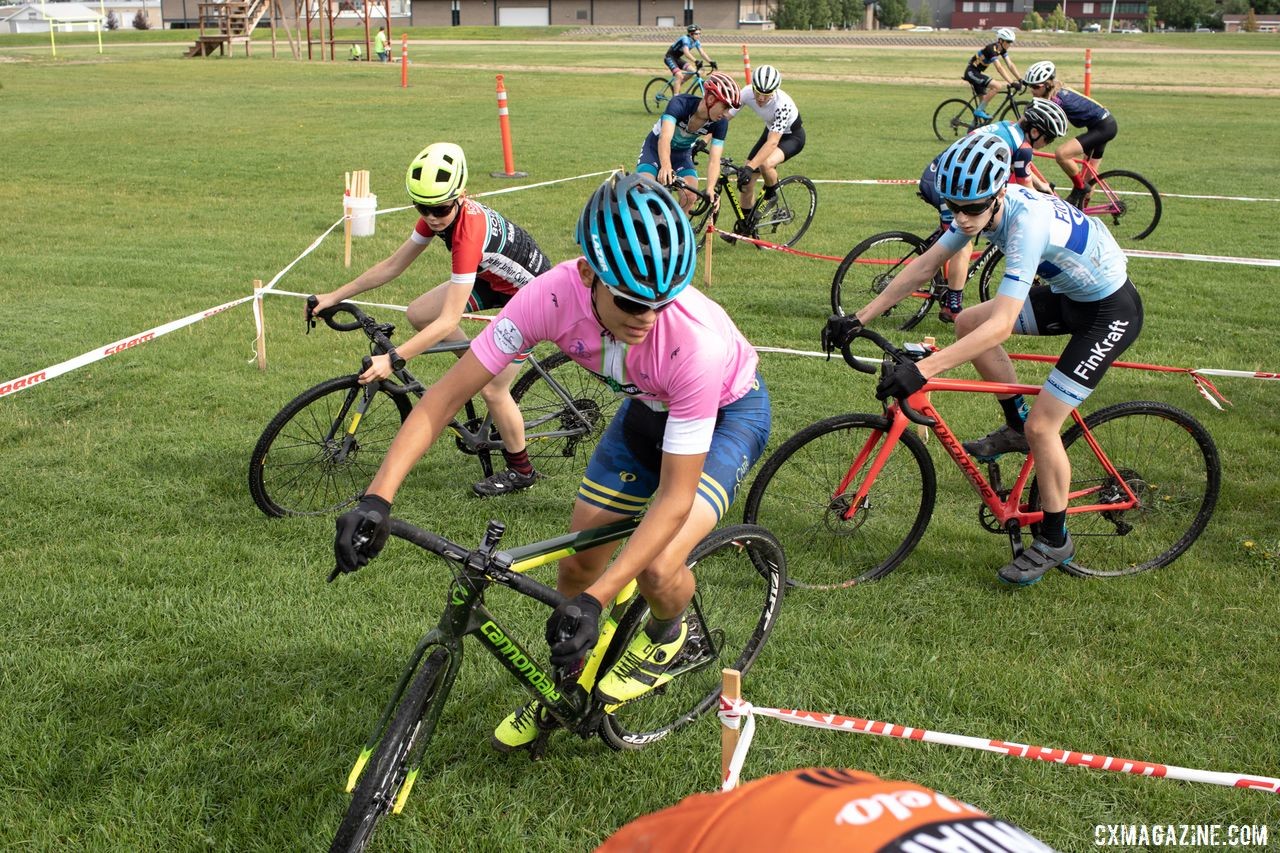 Ivan Gallego leads a small group in a cornering drill. 2019 Men's Montana Cross Camp. © Tom Robertson