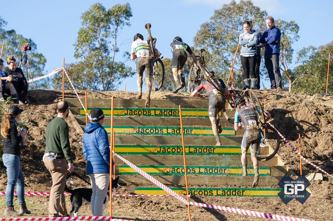 The men run up Jacob's Ladder on the much drier Day 1. 2019 MELGPCX Day 1, Melbourne, Australia. © Ernesto Arriagada