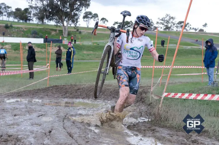 Jaye Buswell trudges through a mud bog. 2019 MELGPCX Day 2, Melbourne, Australia. © Ernesto Arriagada