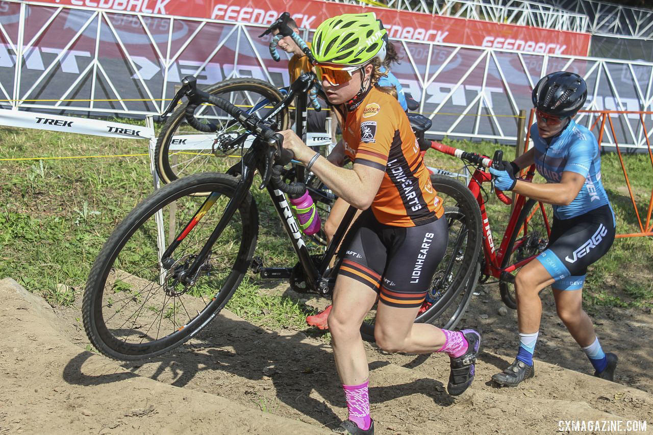 A group of riders hit the stairs together. 2019 Helen100 Junior Women's Race, Trek CX Cup. © Z. Schuster / Cyclocross Magazine