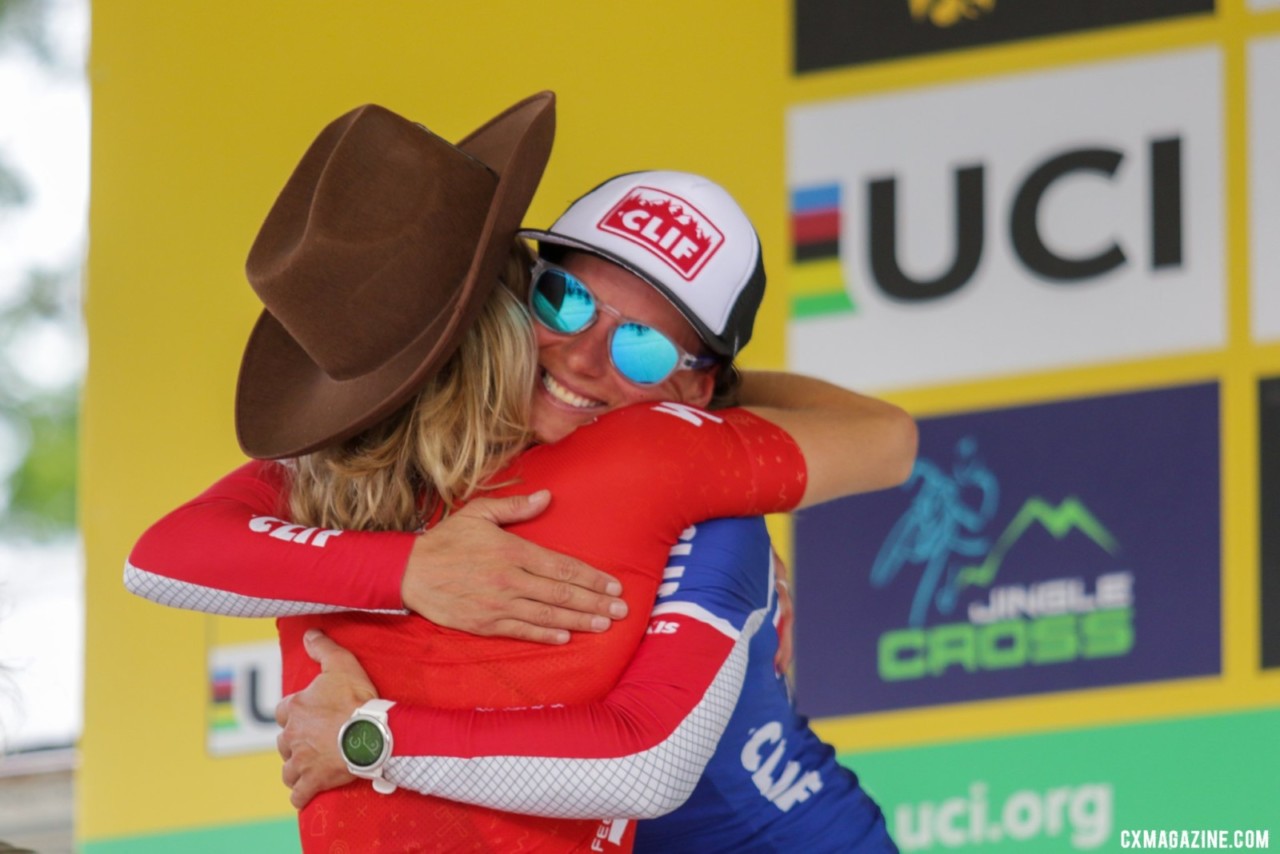 Rochette hugs her friend and mentor, Nash. Faces of 2019 Jingle Cross. © D. Mable / Cyclocross Magazine