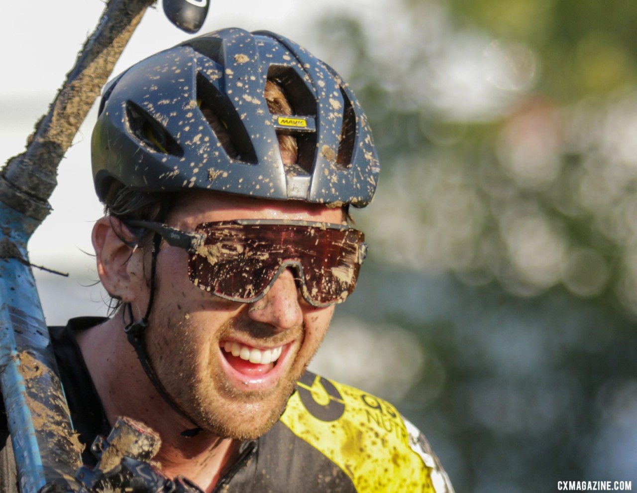 Jamey Driscoll faced bright and muddy conditions late on Sunday. Faces of 2019 Jingle Cross. © D. Mable / Cyclocross Magazine