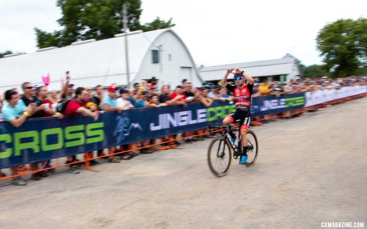 Eli Iserbyt celebrates his World Cup Win. 2019 Jingle Cross. © A. Yee / Cyclocross Magazine