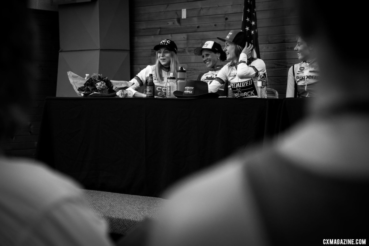 The women at the press conference. 2019 Jingle Cross World Cup. Elite Women. © A. Yee / Cyclocross Magazine