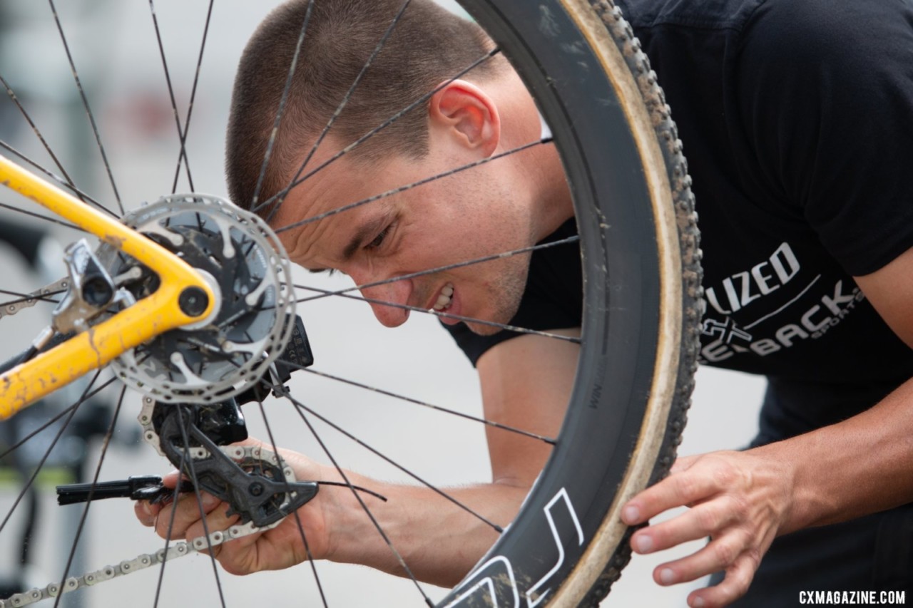 Tuning and cleaning Rochette's bike for a Sunday win. 2019 Jingle Cross. © A. Yee / Cyclocross Magazine