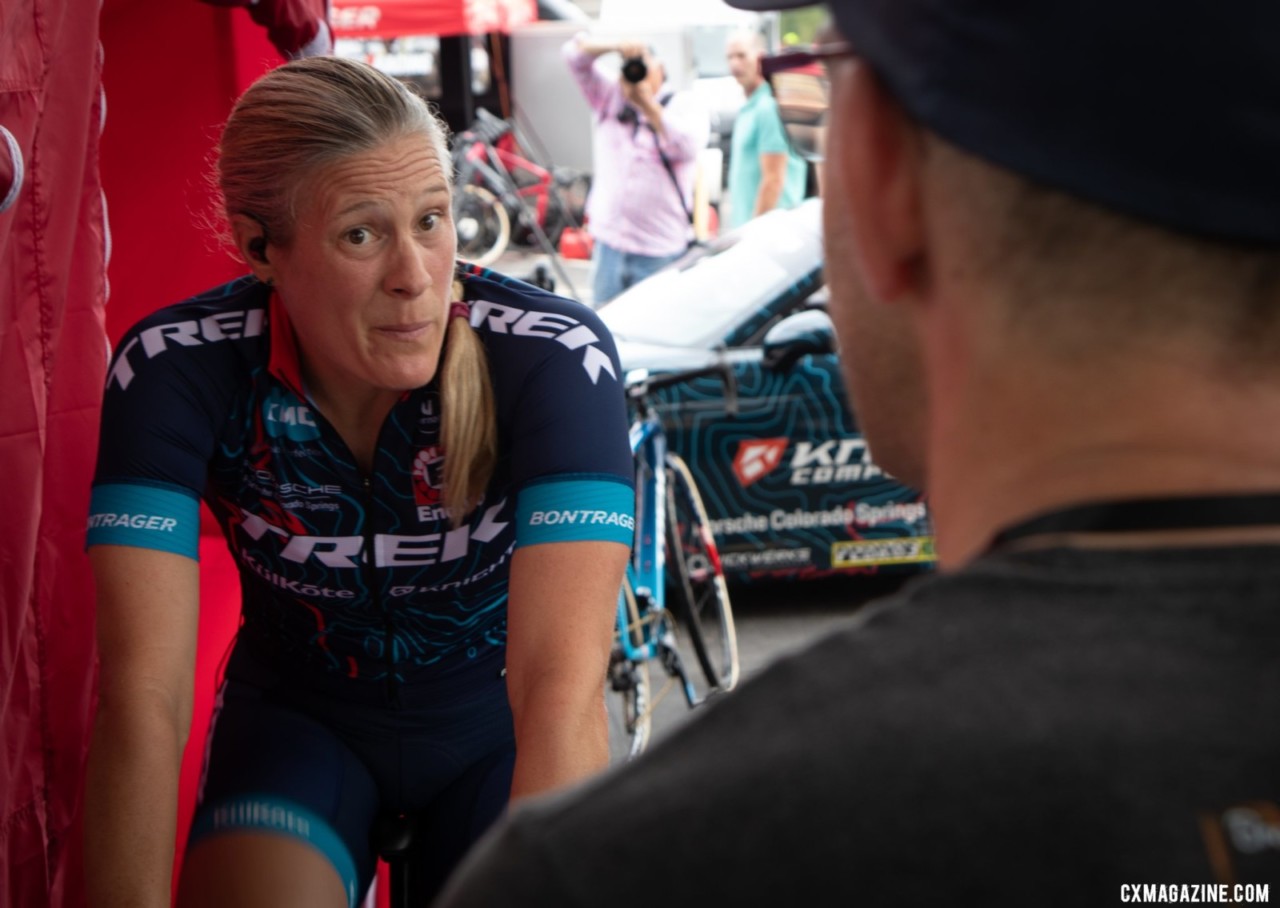 Katie Compton talks gear with CXM. 2019 Jingle Cross. © A. Yee / Cyclocross Magazine