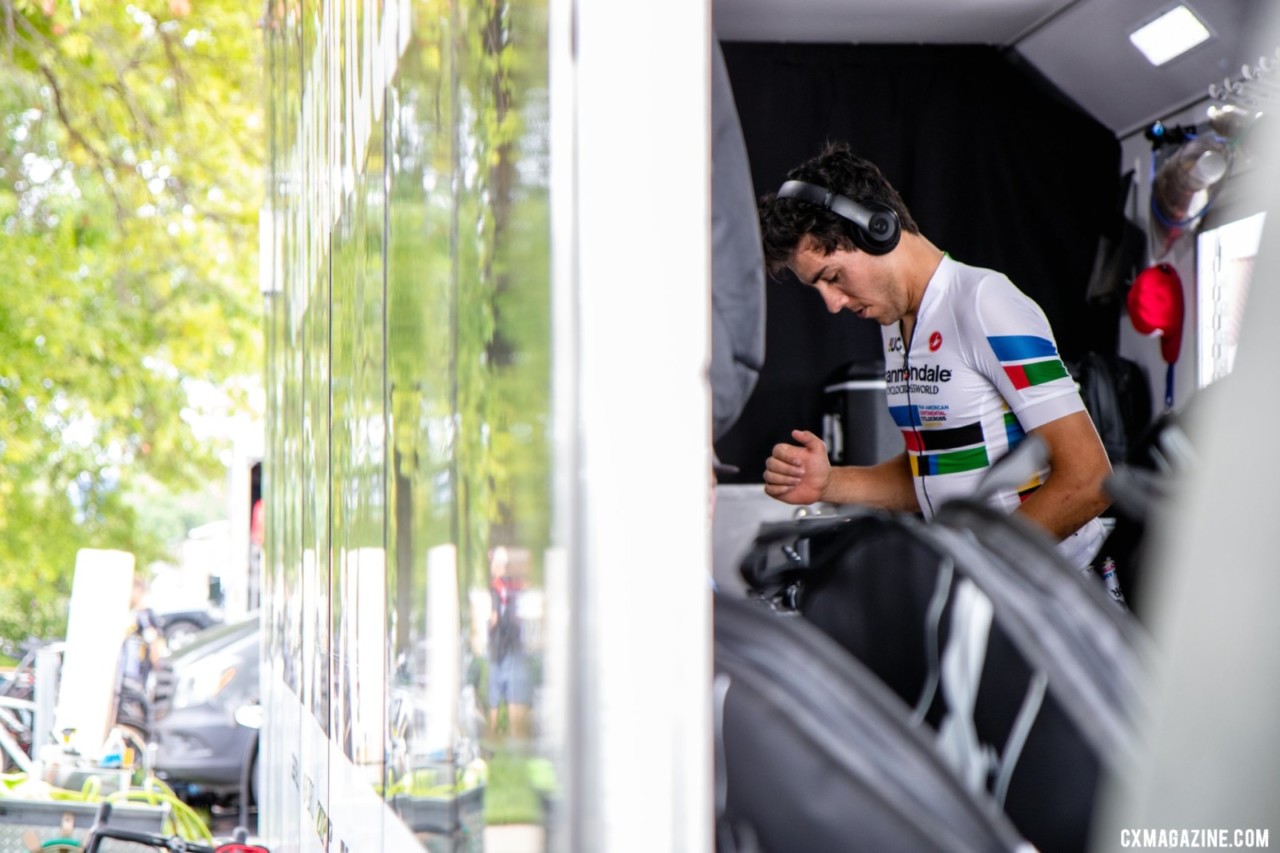 Curtis White goes through his warm-up routine in the trailer. 2019 Jingle Cross. © A. Yee / Cyclocross Magazine