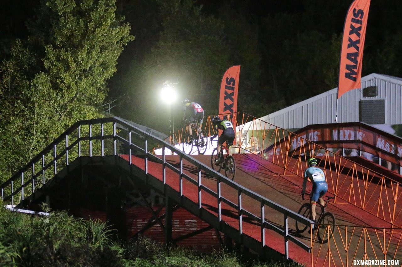 The top 3, Loockx, Chainel, Orts head to Mt. Krumpit. 2019 Jingle Cross Friday Night Elite Men. © D. Mable / Cyclocross Magazine