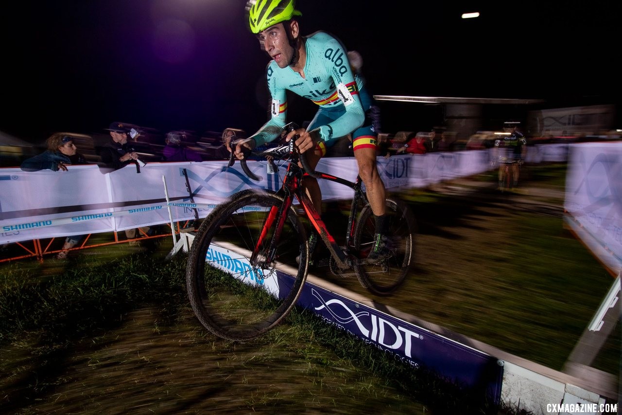 Felipe Orts of Spain was in the lead until he flatted. He'd finish third. 2019 Jingle Cross Friday Night Elite Men. © A. Yee / Cyclocross Magazine